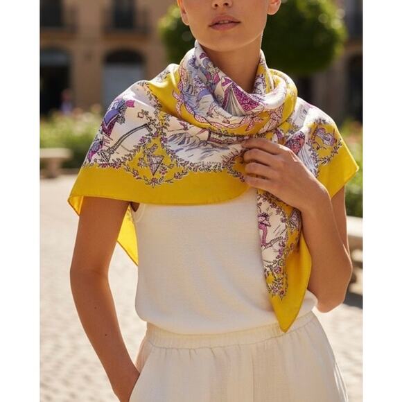 Vintage 1950s Silk Folk Song Scarf – 9 Scenes, Hand Rolled Yellow Hot Pink Print - Picture 2 of 6